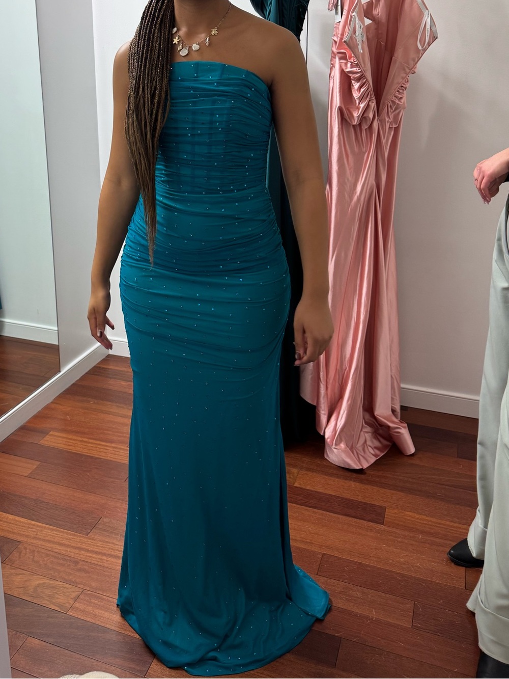Faviana Teal Strapless Ruched Evening Gown